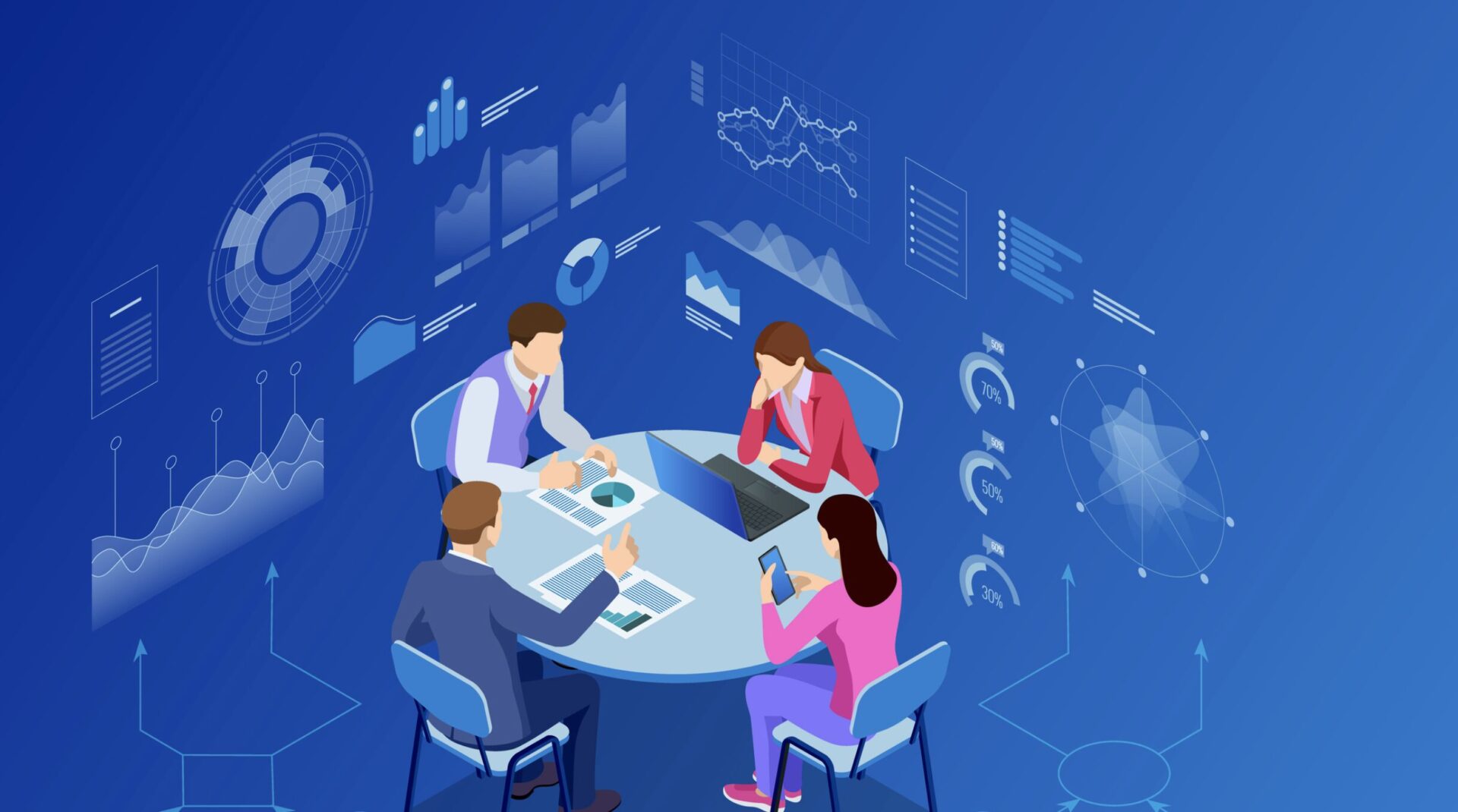 Isometric illustration of four professionals at a table with data visualizations